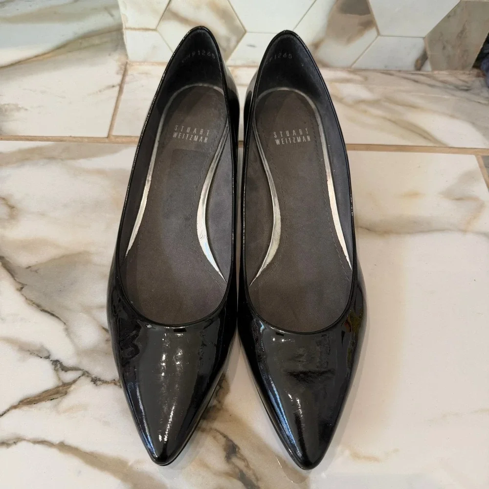 Stuart Weitzman Pumps Women's 9.5 Black Patent Leather‎ Pointed Toe Wedge - Picture 2 of 10